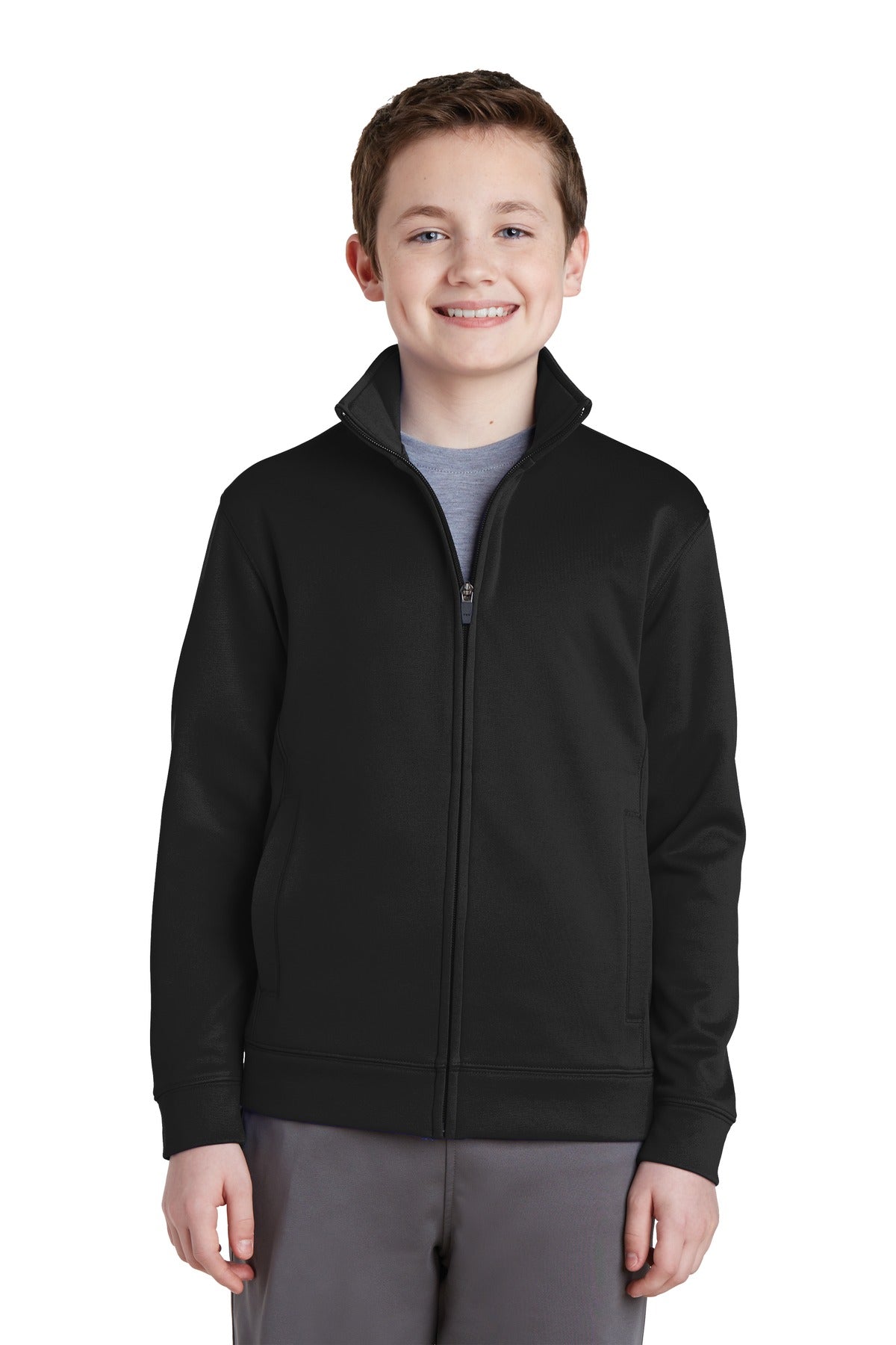 Front View of Black Sport-Tek Youth Sport-Wick Fleece Full-Zip Jacket. YST241  - XS