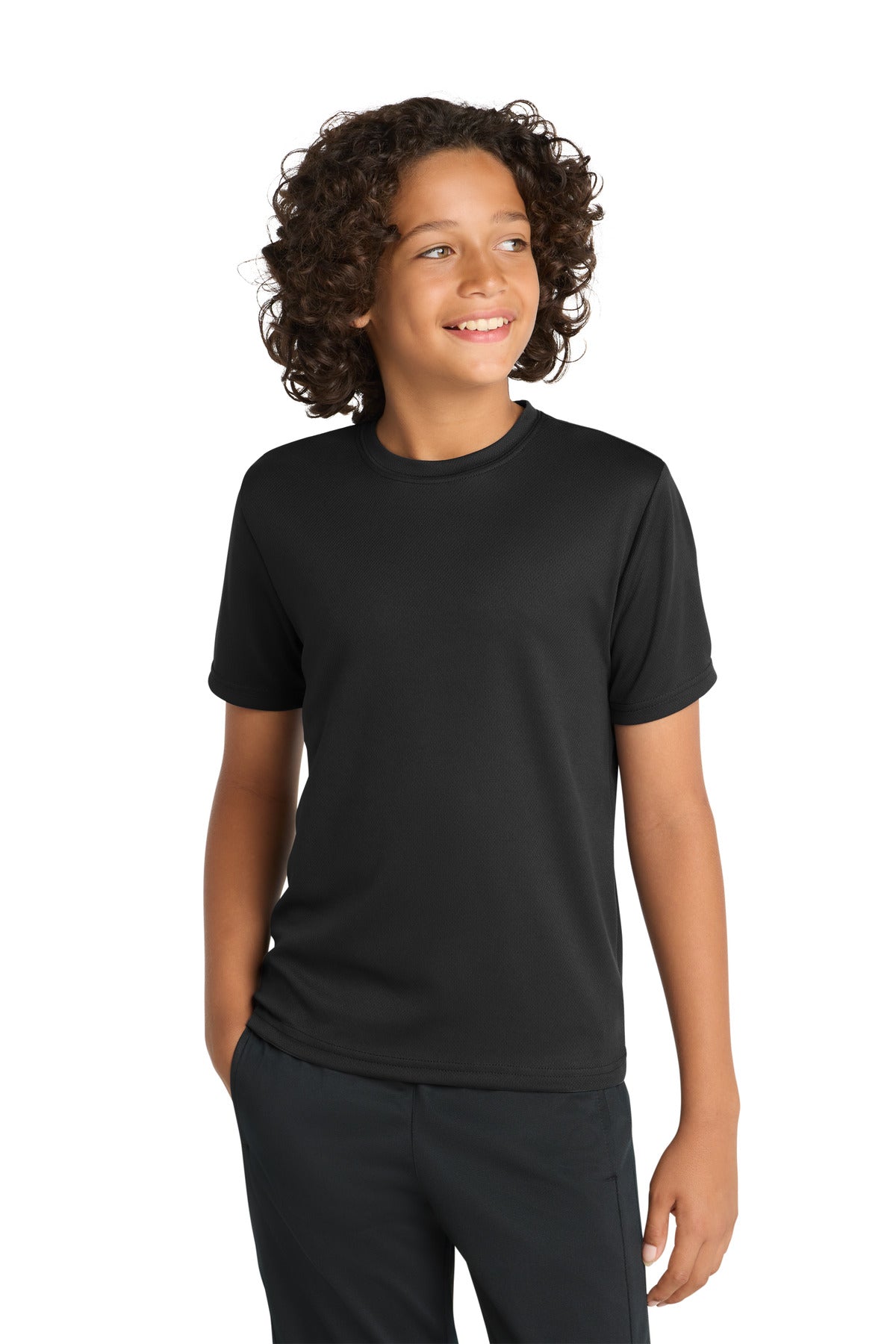 Front View of Black Sport-Tek Youth PosiCharge RacerMesh Tee. YST340  - XS