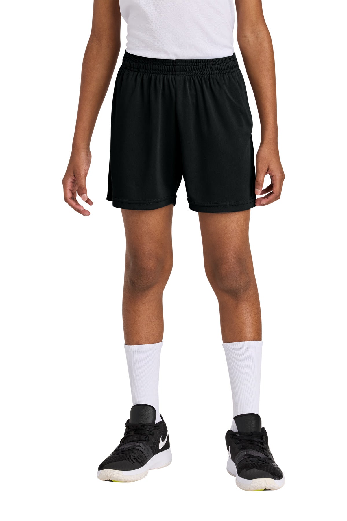 Front View of Black Sport-Tek Youth PosiCharge Competitor 5" Pocketed Short YST349P  - XS