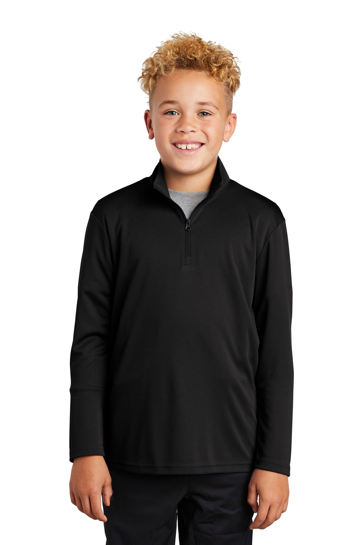 Front View of Black Sport-Tek Youth PosiCharge Competitor 1/4-Zip Pullover. YST357  - XS
