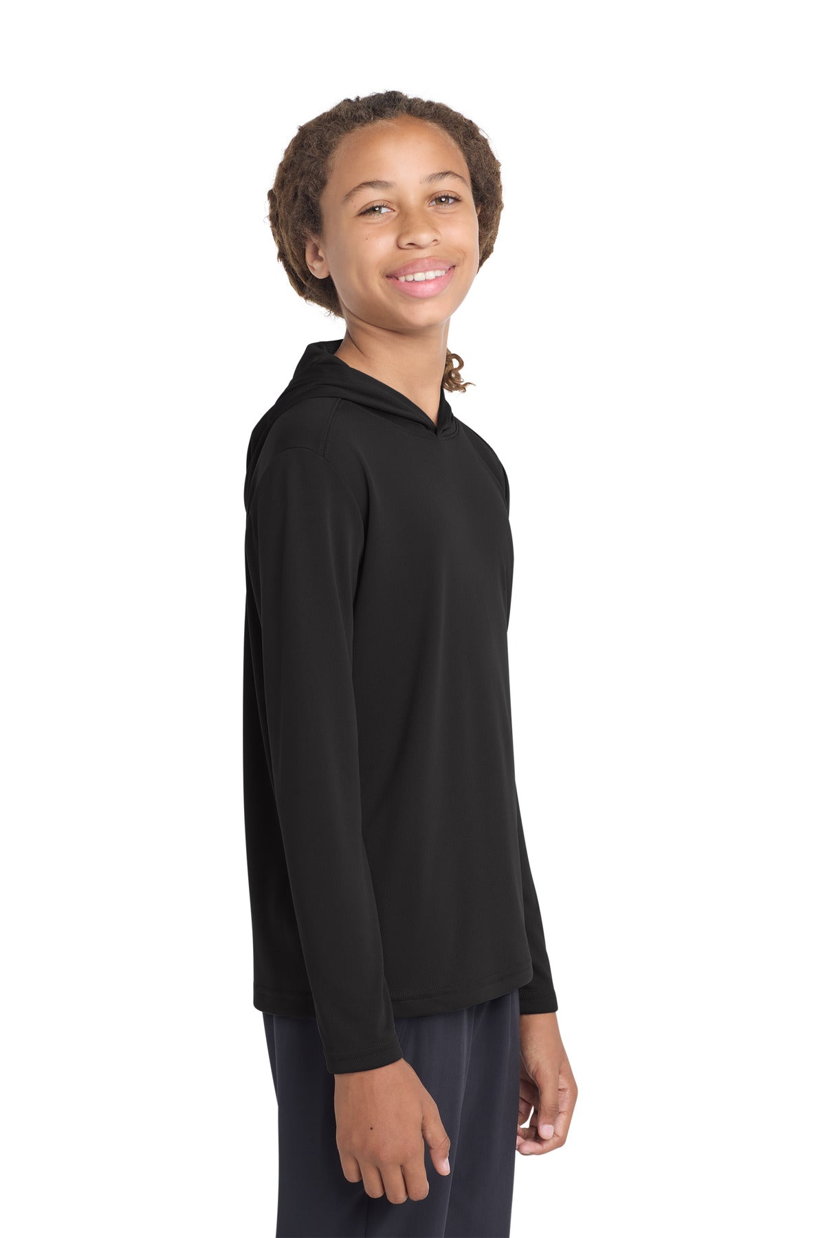 Front View of Black Sport-Tek Youth PosiCharge Competitor Hooded Pullover. YST358  - XS