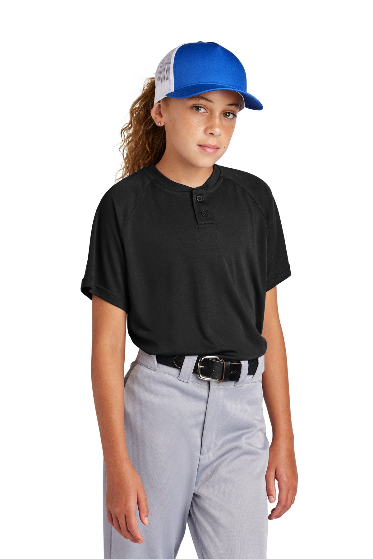 Front View of Black Sport-Tek Youth PosiCharge Competitor 2-Button Henley YST359  - XS