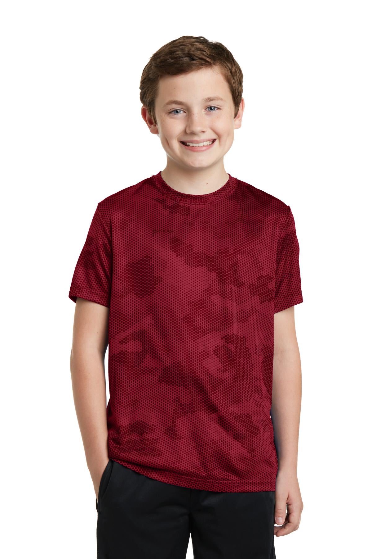 Front View of Deep Red Sport-Tek Youth CamoHex Tee. YST370  - XS
