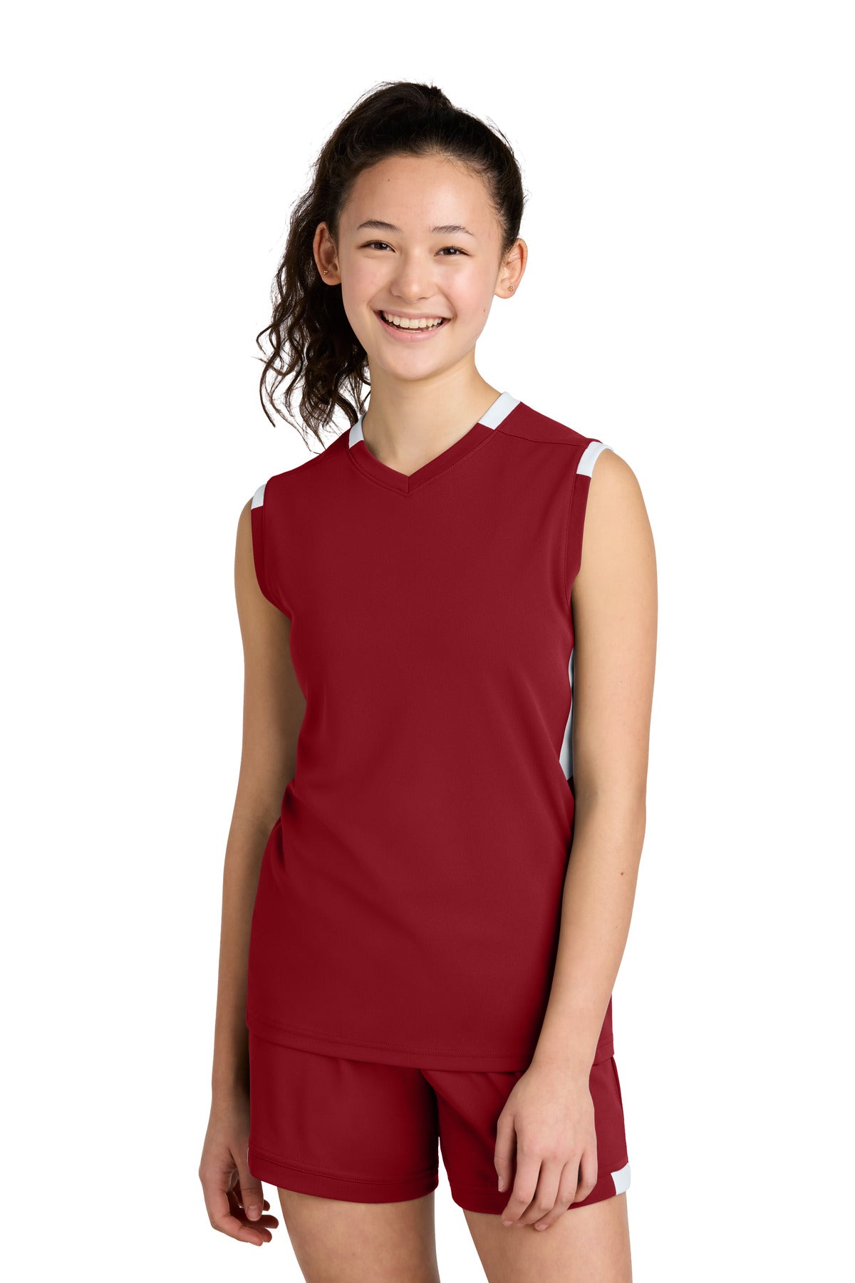 SanMar YST441_deepredwhite_model_front.jpg