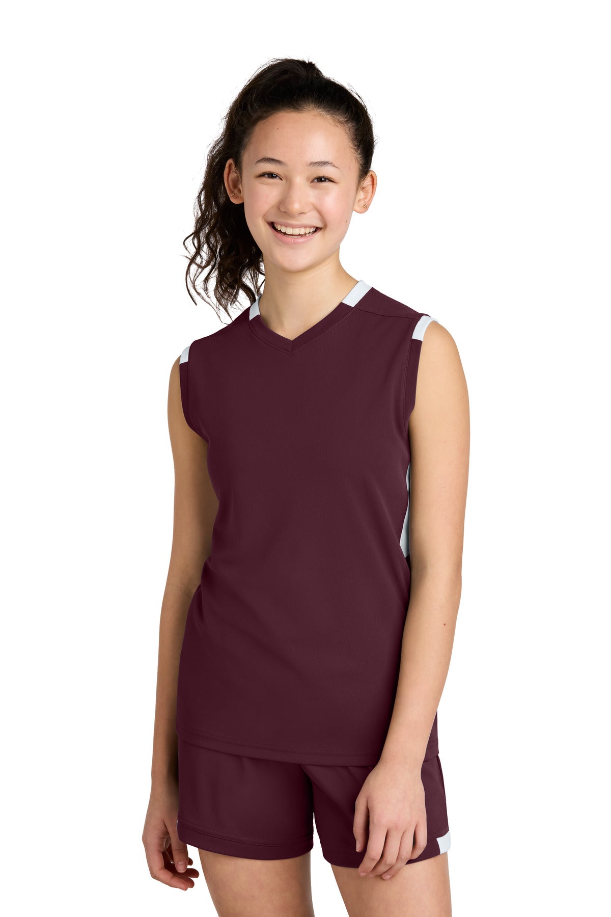 SanMar YST441_maroonwhite_model_front.jpg
