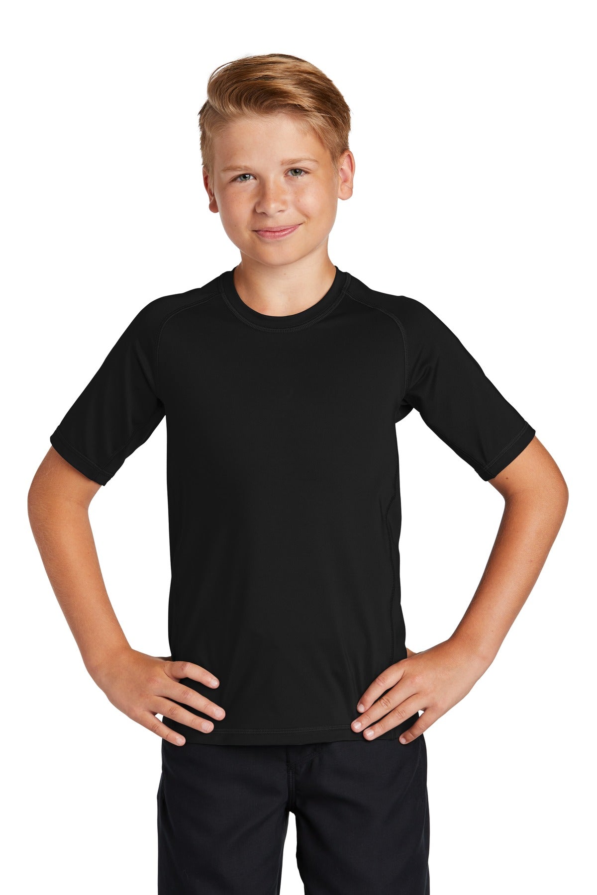 Front View of Black Sport-Tek Youth Rashguard Tee. YST470  - XS