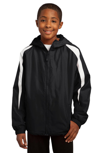 Front View of Black/White Sport-Tek Youth Fleece-Lined Colorblock Jacket. YST81  - XS