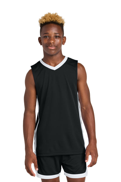 Front View of Blk/White Sport-Tek Youth Rival Basketball Rev Jersey YST900  - XS