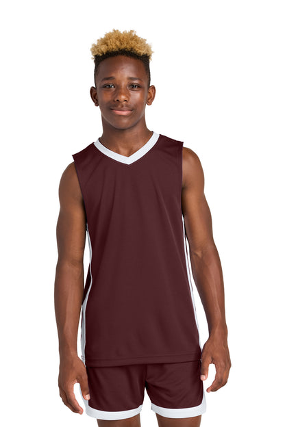SanMar YST900_maroonwhite_model_front.jpg