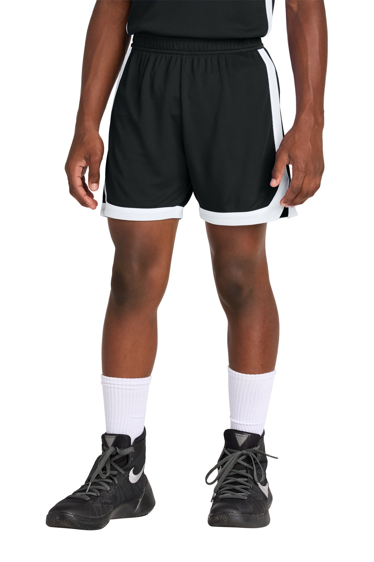 Front View of Blk/White Sport-Tek Youth Rival Basketball 5" Short YST901  - XS