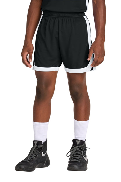 Front View of Blk/White Sport-Tek Youth Rival Basketball 5" Short YST901  - XS