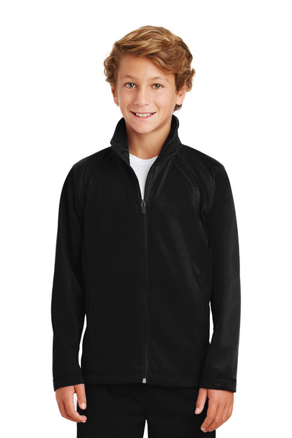 Front View of Black/Black Sport-Tek Youth Tricot Track Jacket. YST90  - XS
