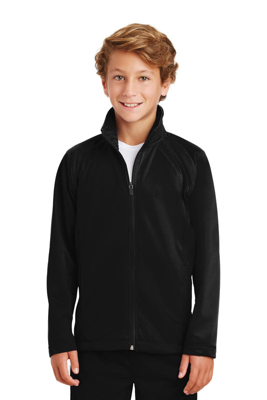 Front View of Black/Black Sport-Tek Youth Tricot Track Jacket. YST90  - XS