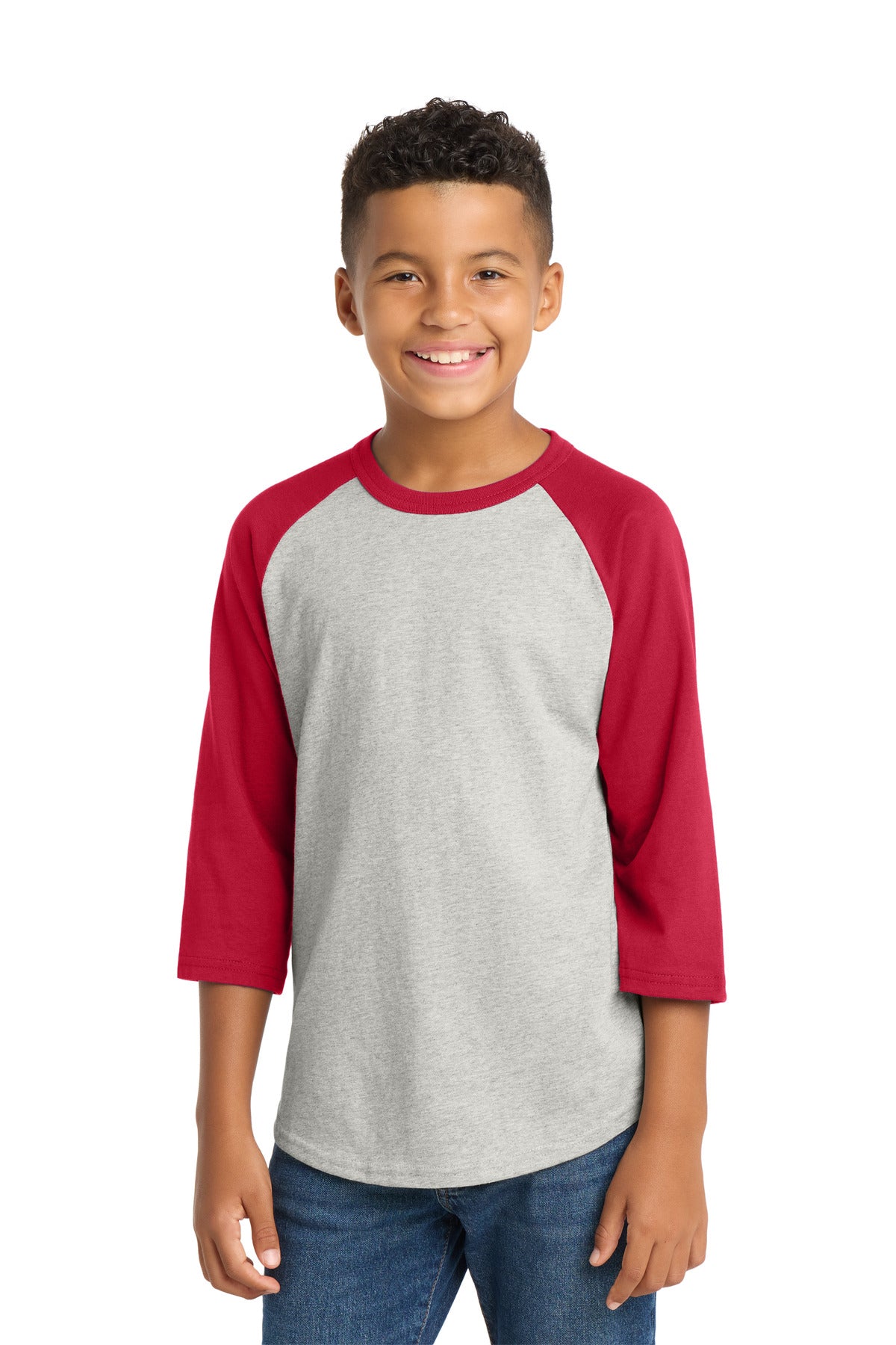 SanMar YT200_heathergreyred_model_front.jpg