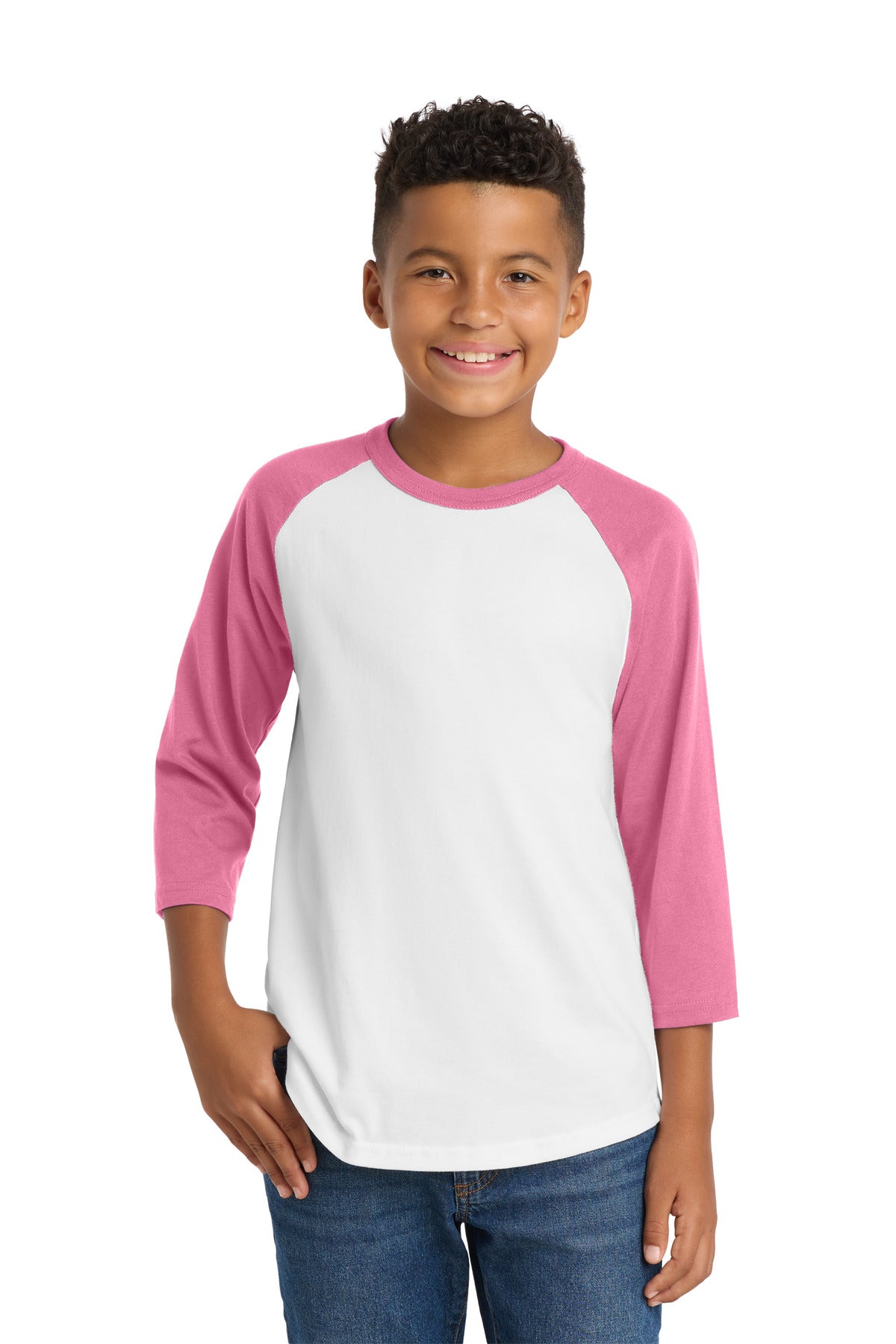 SanMar YT200_whitebrightpink_model_front.jpg