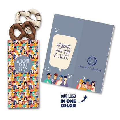 One Color Foil-Stamped Stock Welcome Sweeter Cards with Chocolate Dipped Pretzels