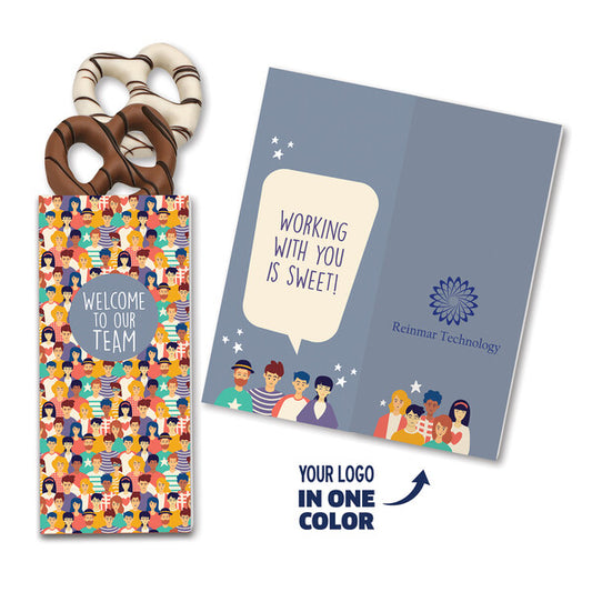 One Color Foil-Stamped Stock Welcome Sweeter Cards with Chocolate Dipped Pretzels
