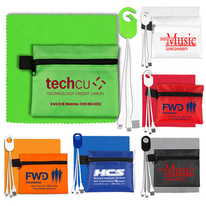 Blue Mobile Tech Charging Cables In Zipper Pouch Components inserted into Polyester Zipper Pouch
