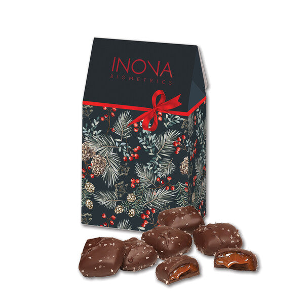 Chocolate Sea Salt Caramels in Pine Boughs & Berries Gable Top Gift Box