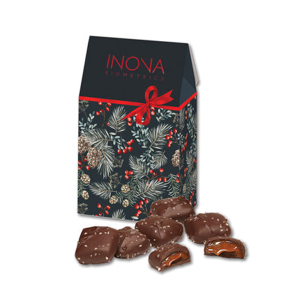 Chocolate Sea Salt Caramels in Pine Boughs & Berries Gable Top Gift Box