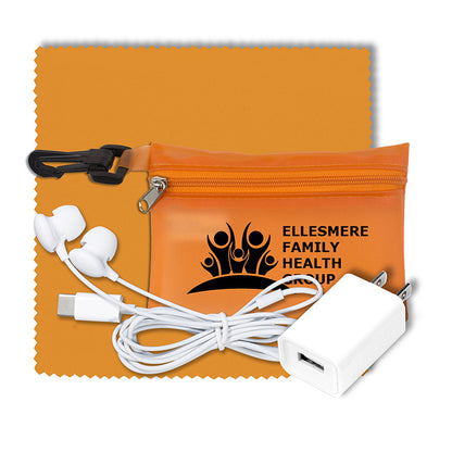 “TechClear” Mobile Tech Accessory Kit in Translucent Carabiner Zipper Pouch Components inserted into