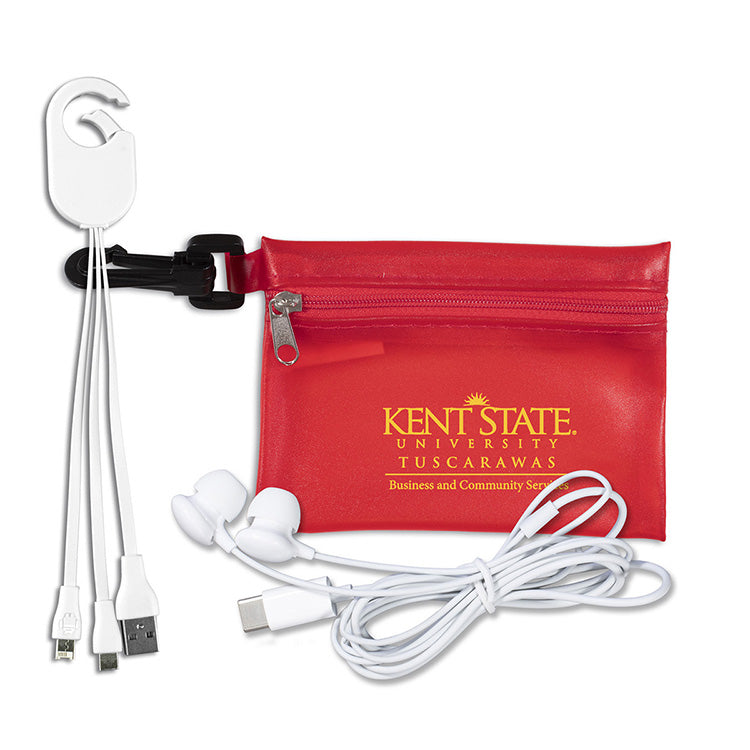 "Cambell" Mobile Tech Earbud and Charging Cables Kit In Translucent Carabiner Zipper Pouch