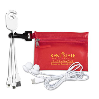 "Cambell" Mobile Tech Earbud and Charging Cables Kit In Translucent Carabiner Zipper Pouch