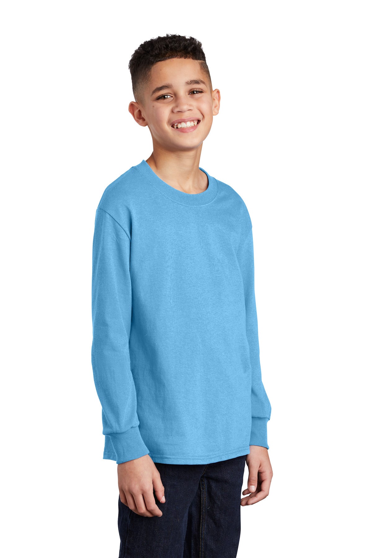 Aquatic Blue Port & Company Youth Long Sleeve Core Cotton Tee. PC54YLS
