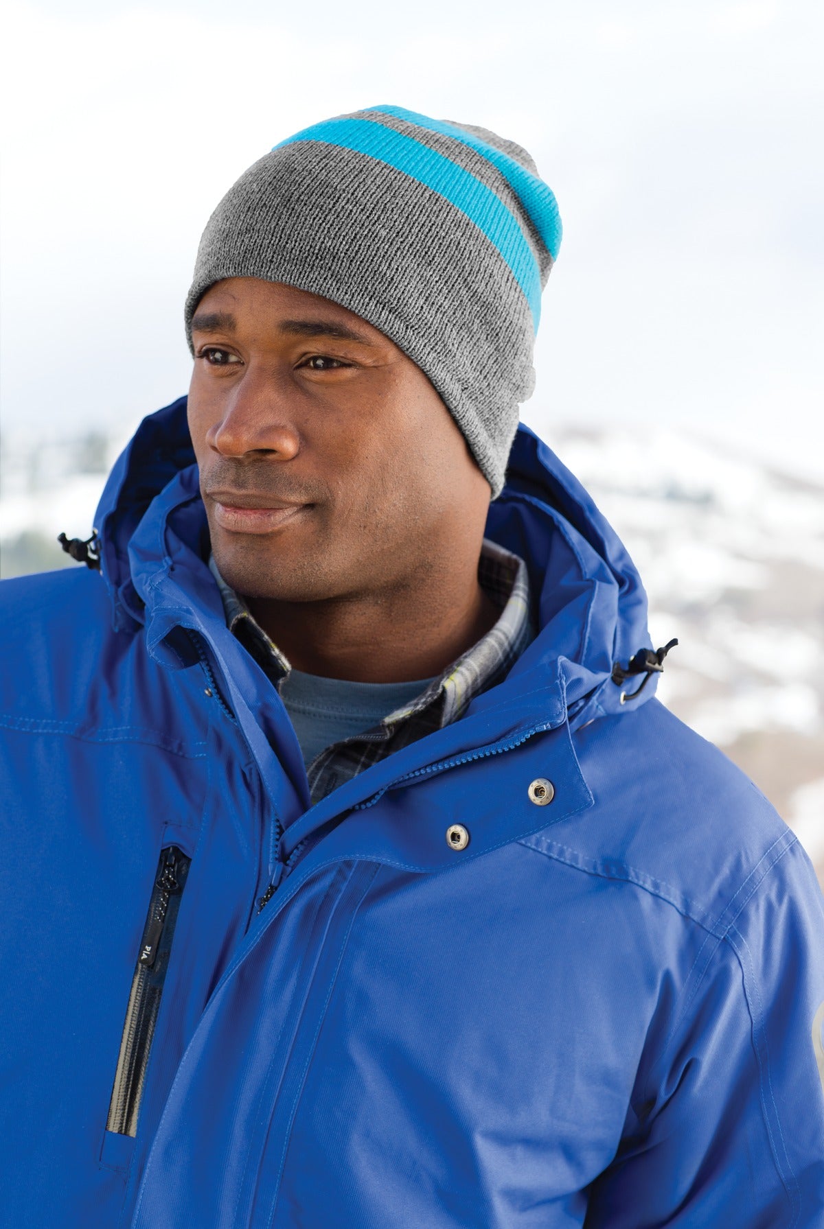 Ath Ox/Ne Blue Port & Company Fleece-Lined Striped Beanie Cap. C922