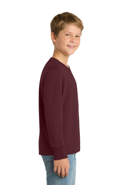 Athl Maroon Port & Company Youth Long Sleeve Core Cotton Tee. PC54YLS