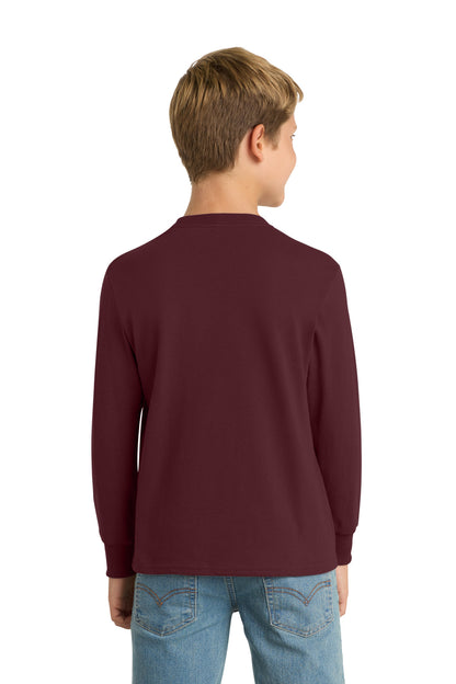 Athl Maroon Port & Company Youth Long Sleeve Core Cotton Tee. PC54YLS