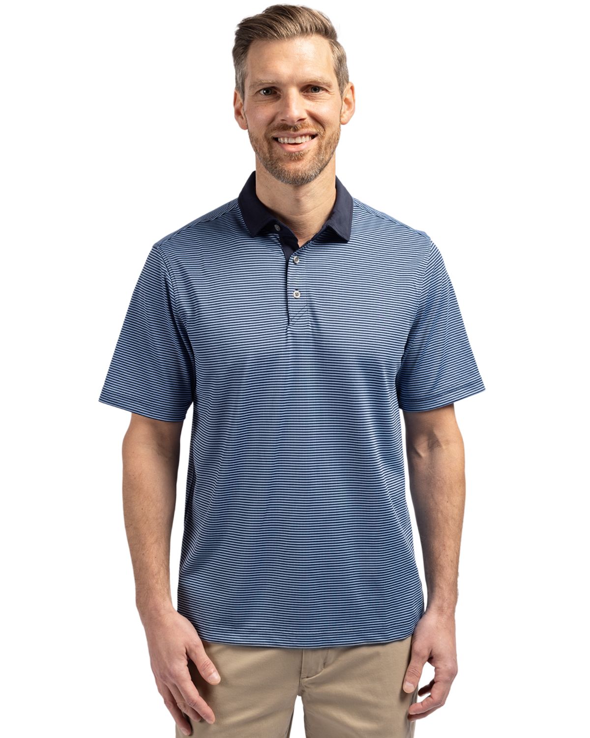 Atlas/Navy Blue Cutter & Buck Virtue Eco Pique Micro Stripe Recycled Mens Polo  - S