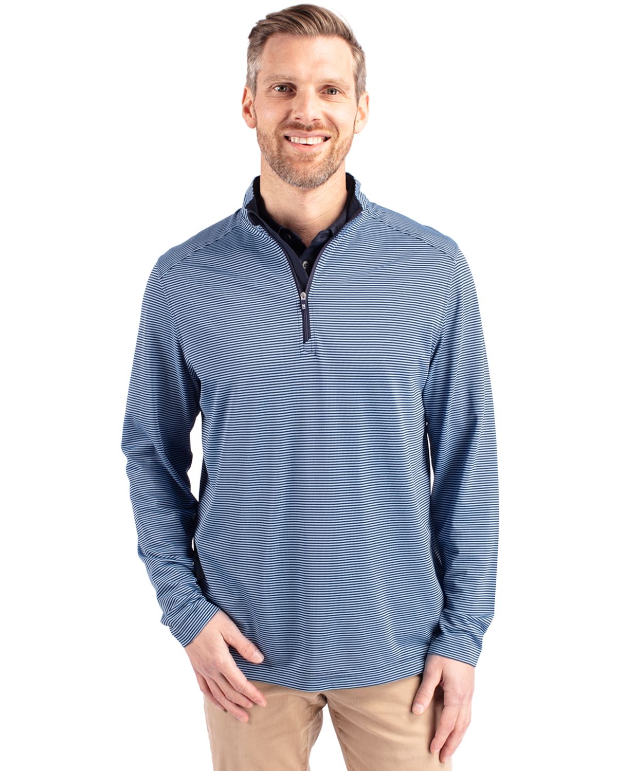 Atlas/Navy Blue Cutter & Buck Virtue Eco Pique Micro Stripe Recycled Mens Quarter Zip  - S