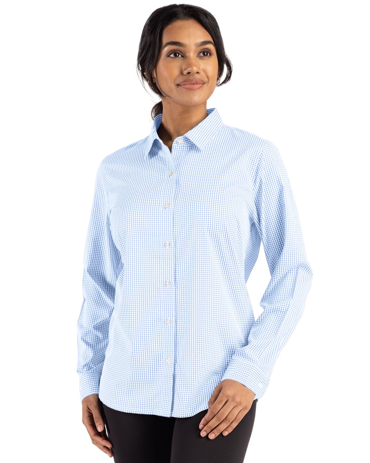 Atlas/White Cutter & Buck Skyline Epic Confidence Recycled Gingham Womens Long Sleeve Dress Shirt   - XS