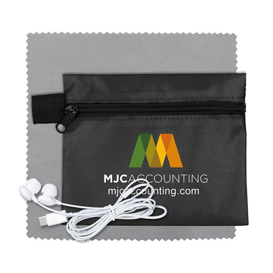 Mobile Tech Earbud Kit with Microfiber Cleaning Cloth In Zipper Pouch