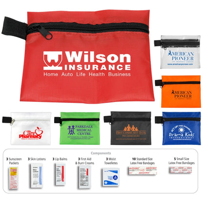 Red "LAZY DAY" 31 Piece Advanced First Aid Sun and Outdoors Kit in Zipper pack Components