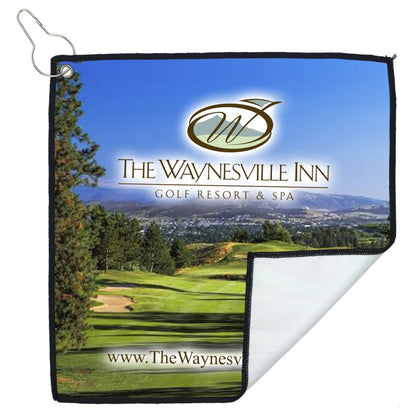 12" X 12" -"TEE OFF" Recycled RPET Suede Golf Towel Full Color Import Air Ship