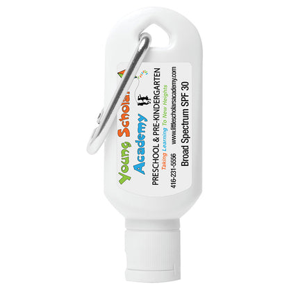 “Sunny Day” 1.0 oz Broad Spectrum SPF 30 Sunscreen Lotion in Solid White Carabiner Tottle