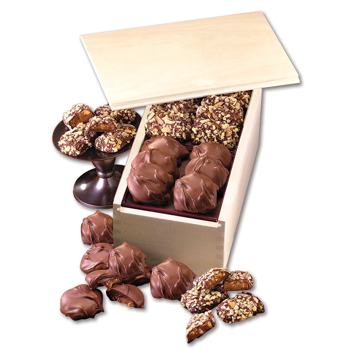 English Butter Toffee & Caramel Pecan Clusters in Wooden Collector's Box