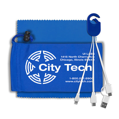 "RECHARGE PACK" Mobile Tech Charging Cable Kit in Microfiber Cinch Pack Components