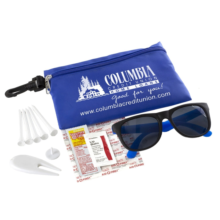 "CHIP" 15 Piece Golf Kit in Supersized Zipper Pack Components inserted into Zipper kit with Carabine