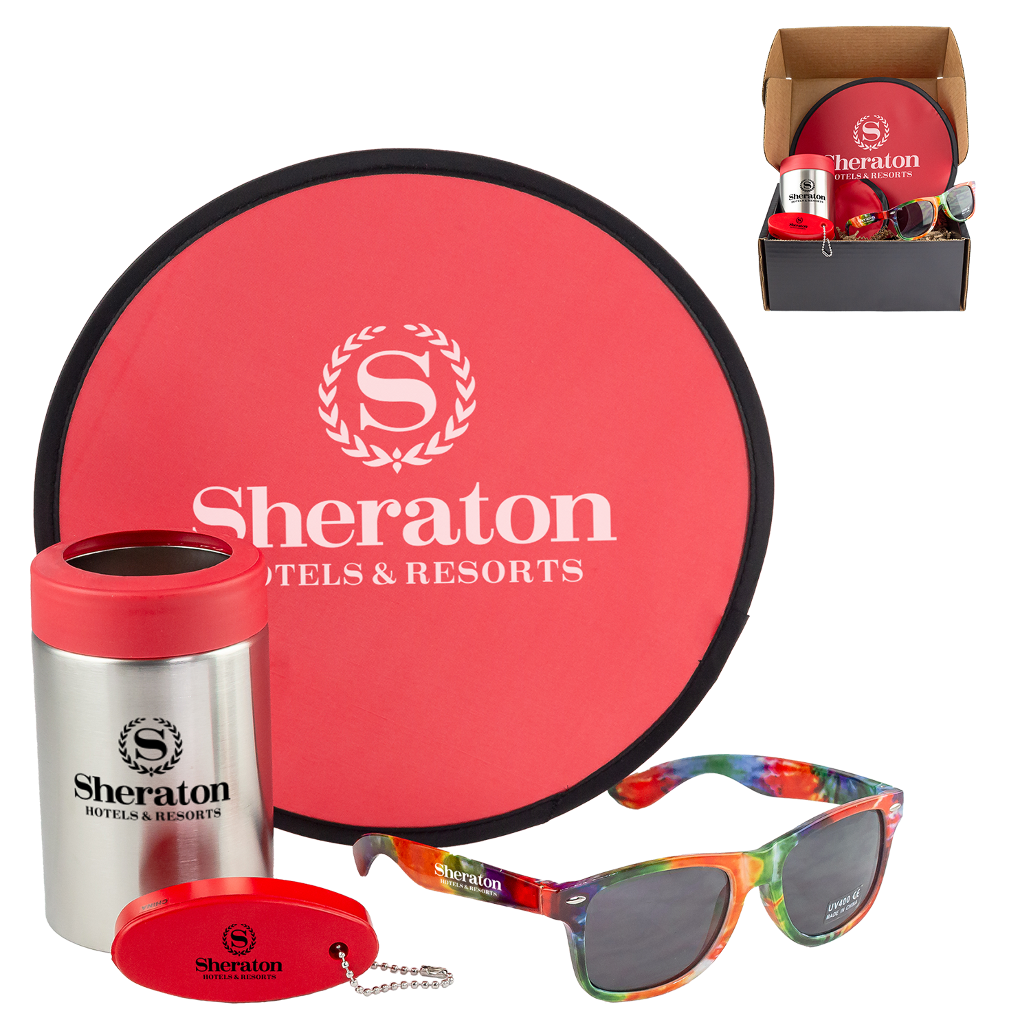 Beach Day Kit with Can Holder, Tie-Dye Shades & Floating Keychain