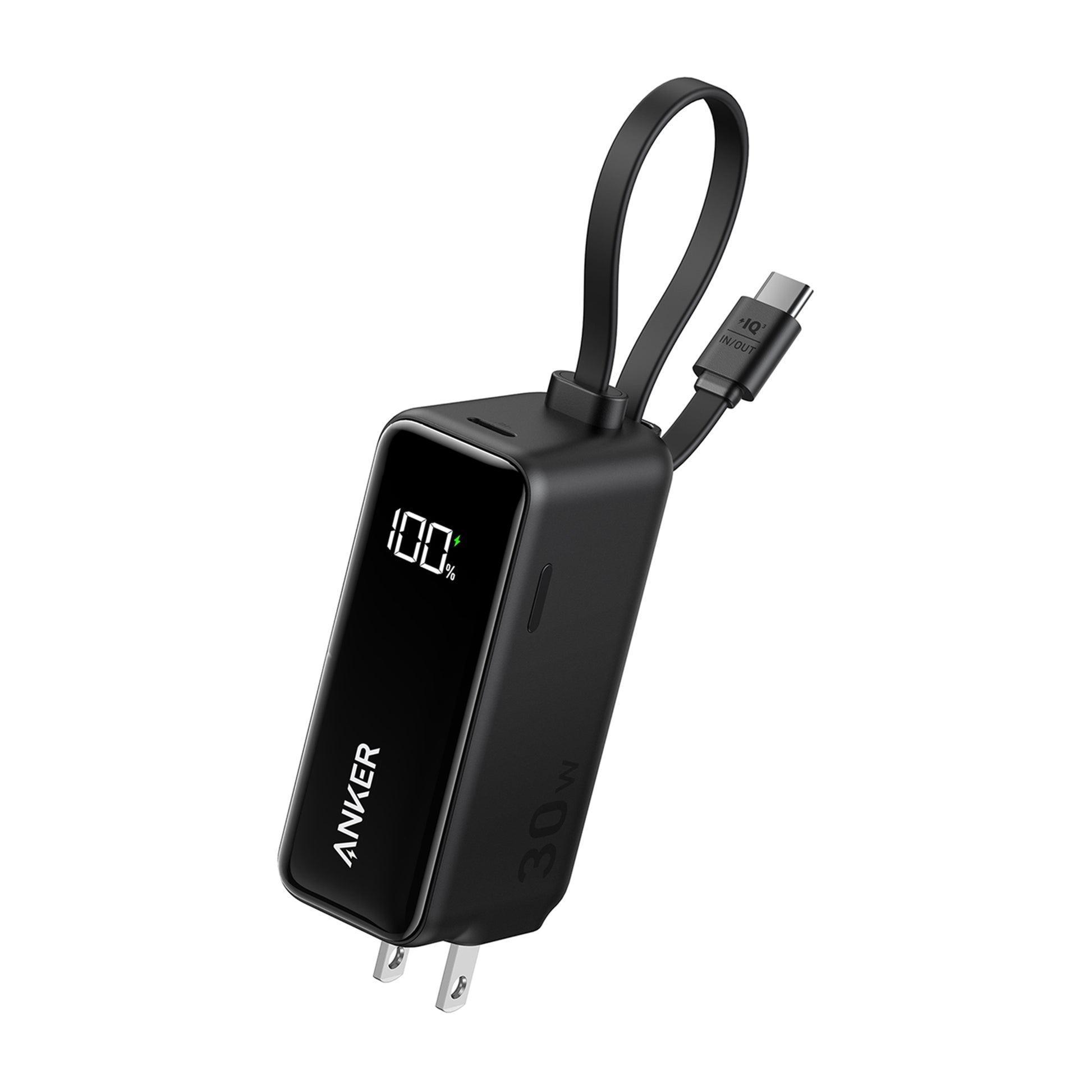 Black Anker 3-in-1 Power Bank (30W, Fusion, Built-In USB-C Cable)