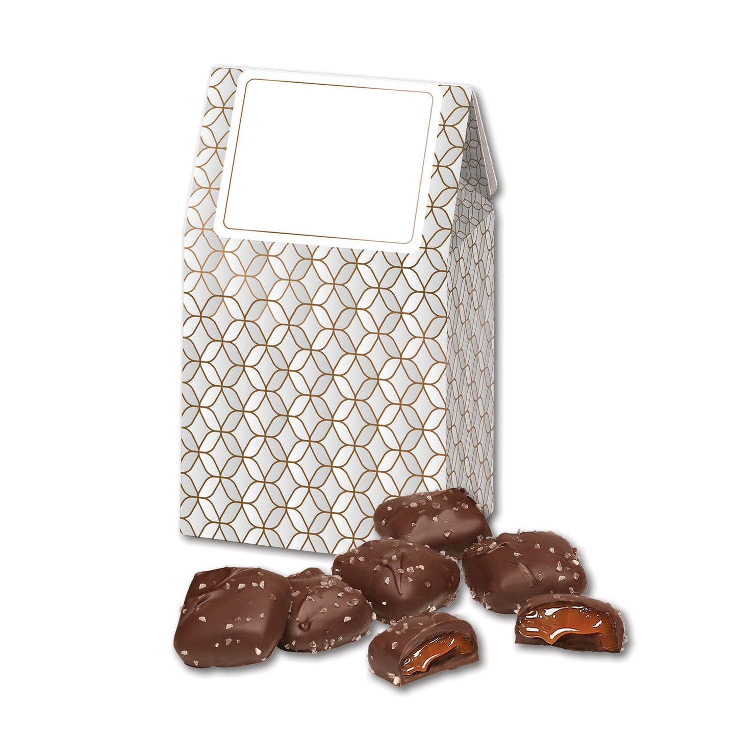 Chocolate Sea Salt Caramels in Silver & Gold Geometric Gable Top Gift Box