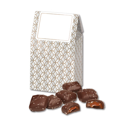Chocolate Sea Salt Caramels in Silver & Gold Geometric Gable Top Gift Box