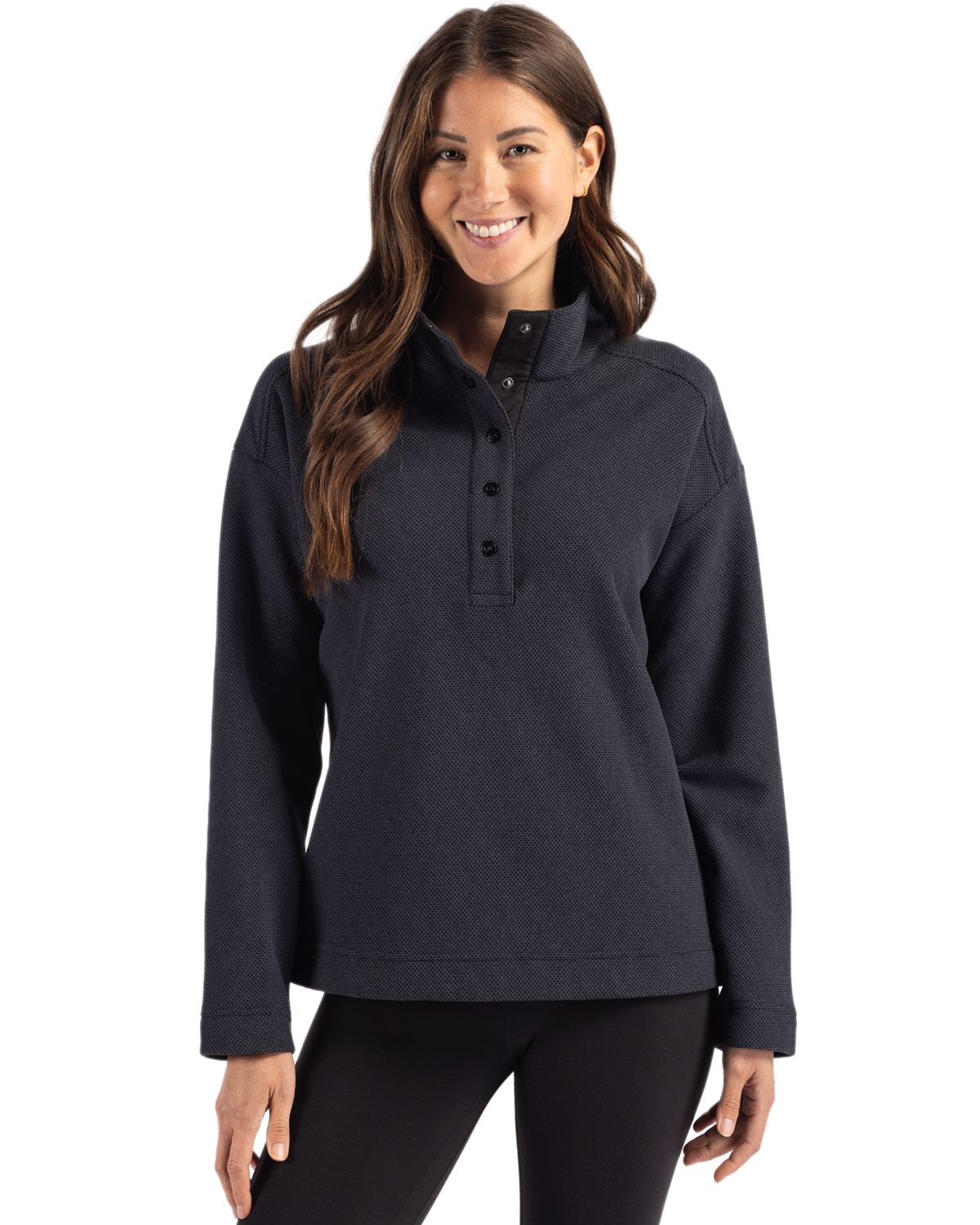 Black Cutter & Buck Hunts Point Eco Textured Fleece Recycled Womens Snap Pullover  - XS