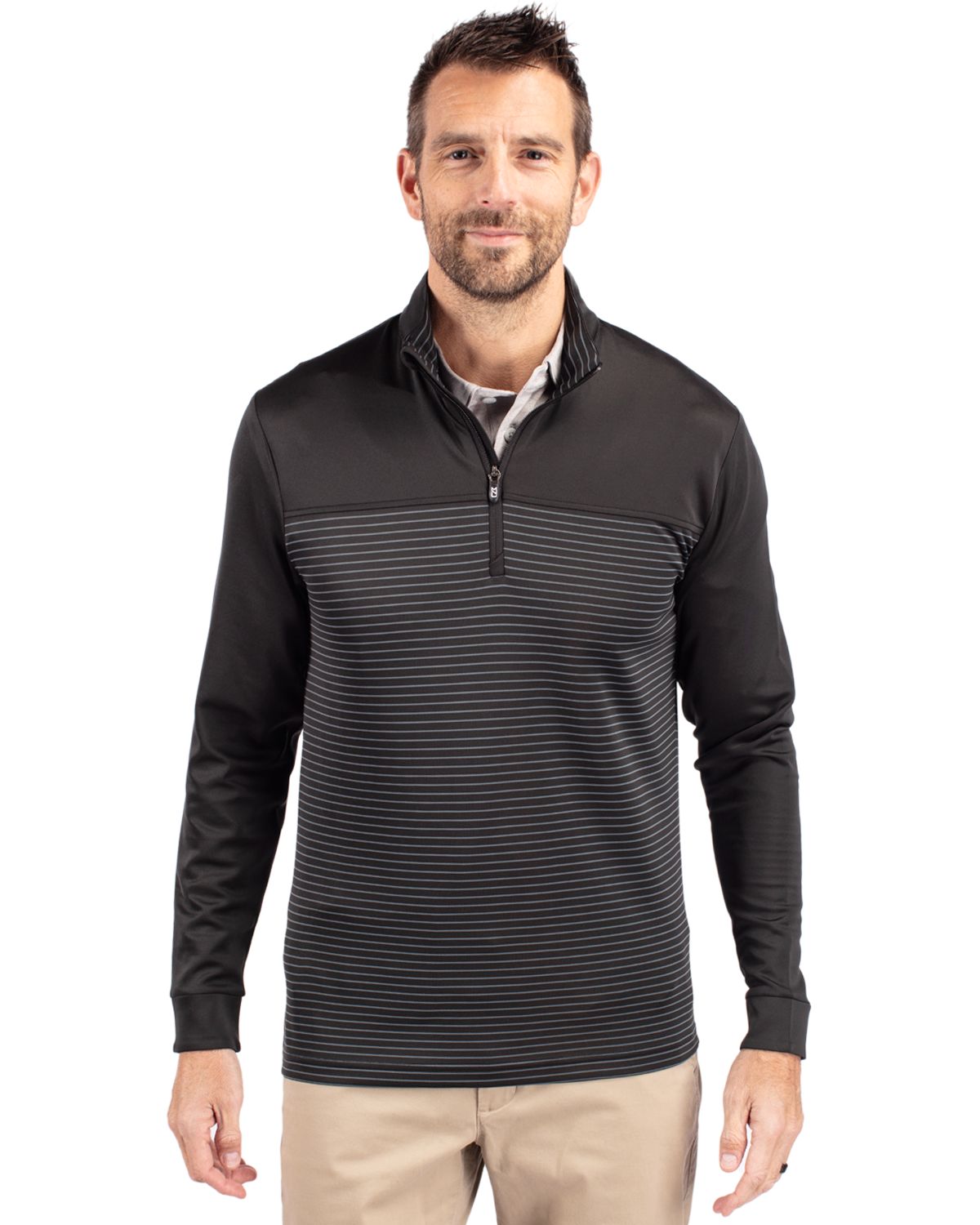 Black Cutter & Buck Traverse Stretch Eco Stripe Quarter Zip Mens Big and Tall Pullover Big & Tall  - LT