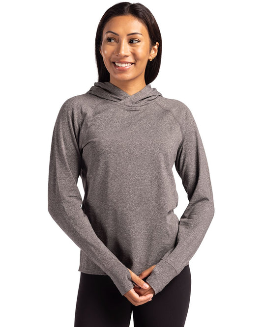 Black Heather Cutter & Buck Adapt Knit Recycled Womens Heathered Hooded Pullover  - XS