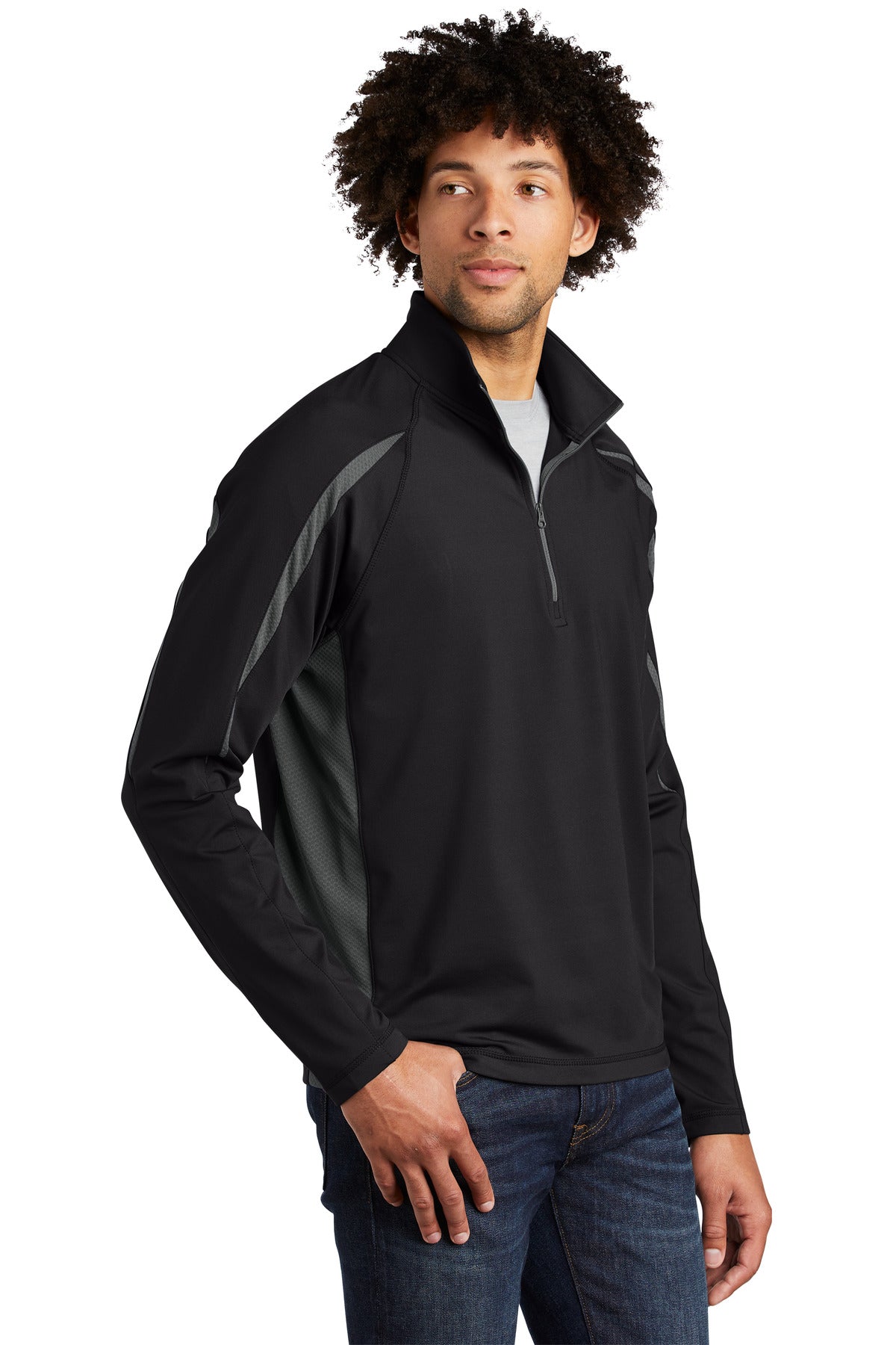 Black/Char Gry Sport-Tek Sport-Wick Stretch 1/2-Zip Colorblock Pullover. ST851