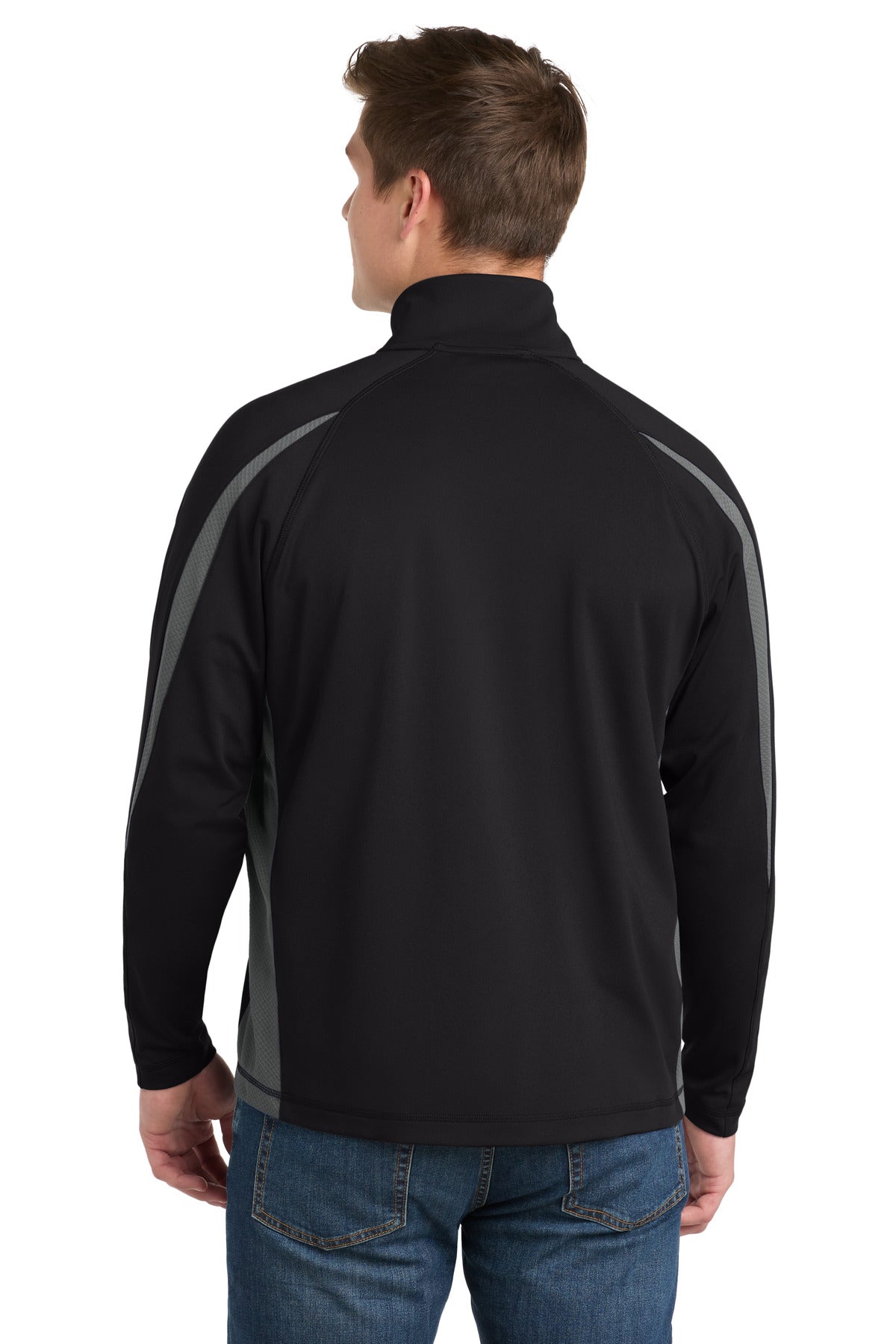 Black/Char Gry Sport-Tek Sport-Wick Stretch 1/2-Zip Colorblock Pullover. ST851